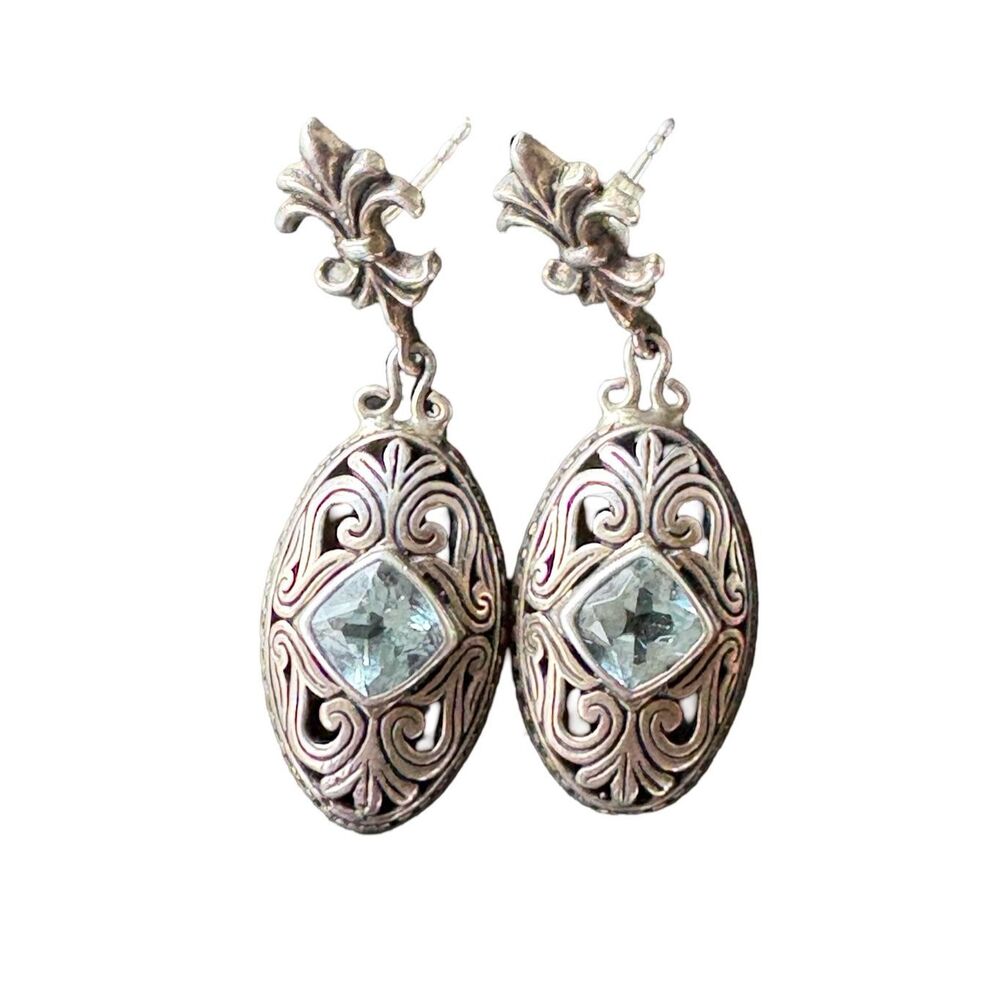 New Sterling Silver and Fleur-de-lis Blue Topaz  Dangle Drop Earrings